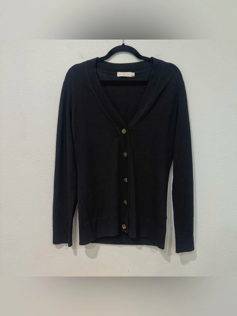 Tory Burch Black Simone Merino Wool Cardigan L